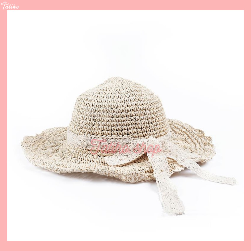 [Hàng Xịn,Giá Tốt] Mũ Cói, Nón Cói Vành Rộng Phối Dây Ren Nơ Đi Biển Rento Phong Cách Nhật Bản - Mã NC009
