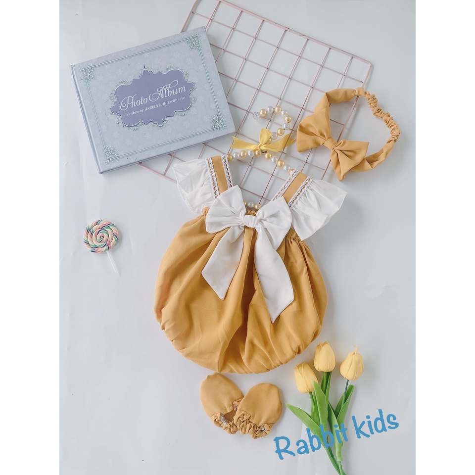 Bodysuite Bé Gái Sơ Sinh FREESHIPRabbit Kids - TẶNG KÈM TURBAN+GIÀY- Bộ Đồ Liền Thân Cho Bé Mùa Hè Vàng 2 Dây Kẹp Ren