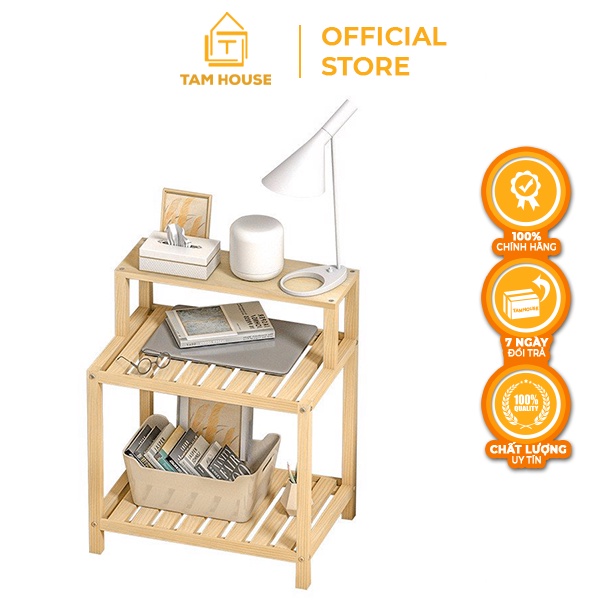 Kệ gỗ tab đầu giường 2 tầng tự lắp ráp Tâm House KT97 gỗ thông tự nhiên