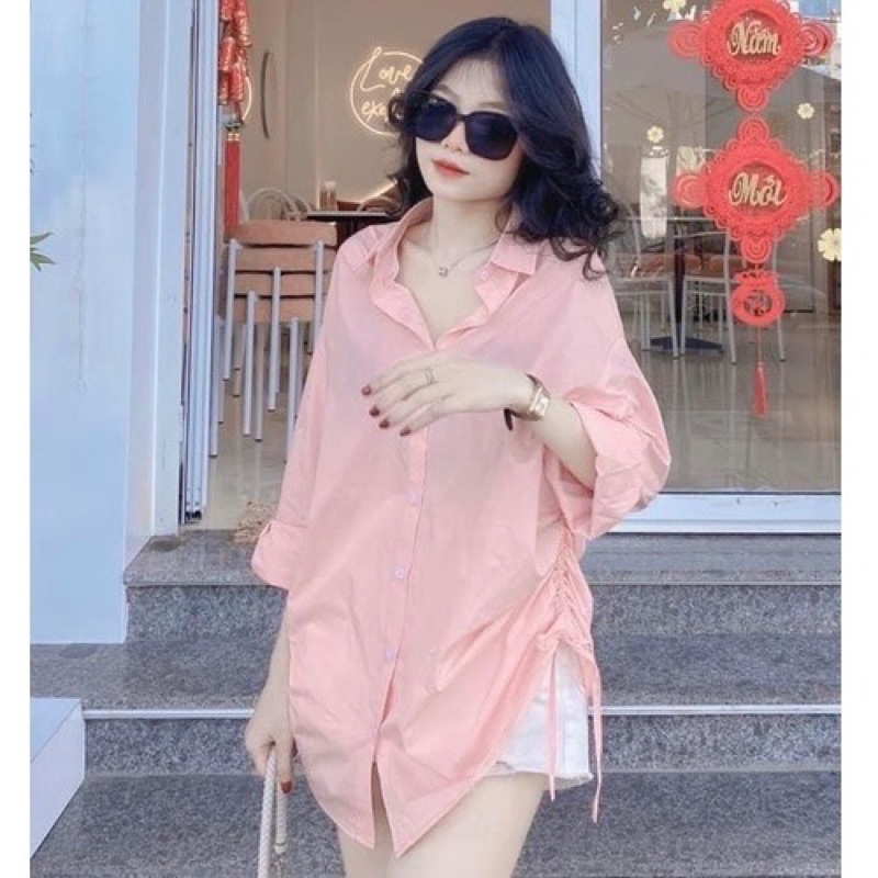 Sơ mi nữ Hồng kiểu dây rút sườn, phong cách Hàn Quốc dễ thương, form rộng, vải đũi mềm (ẢNH THẬT)
