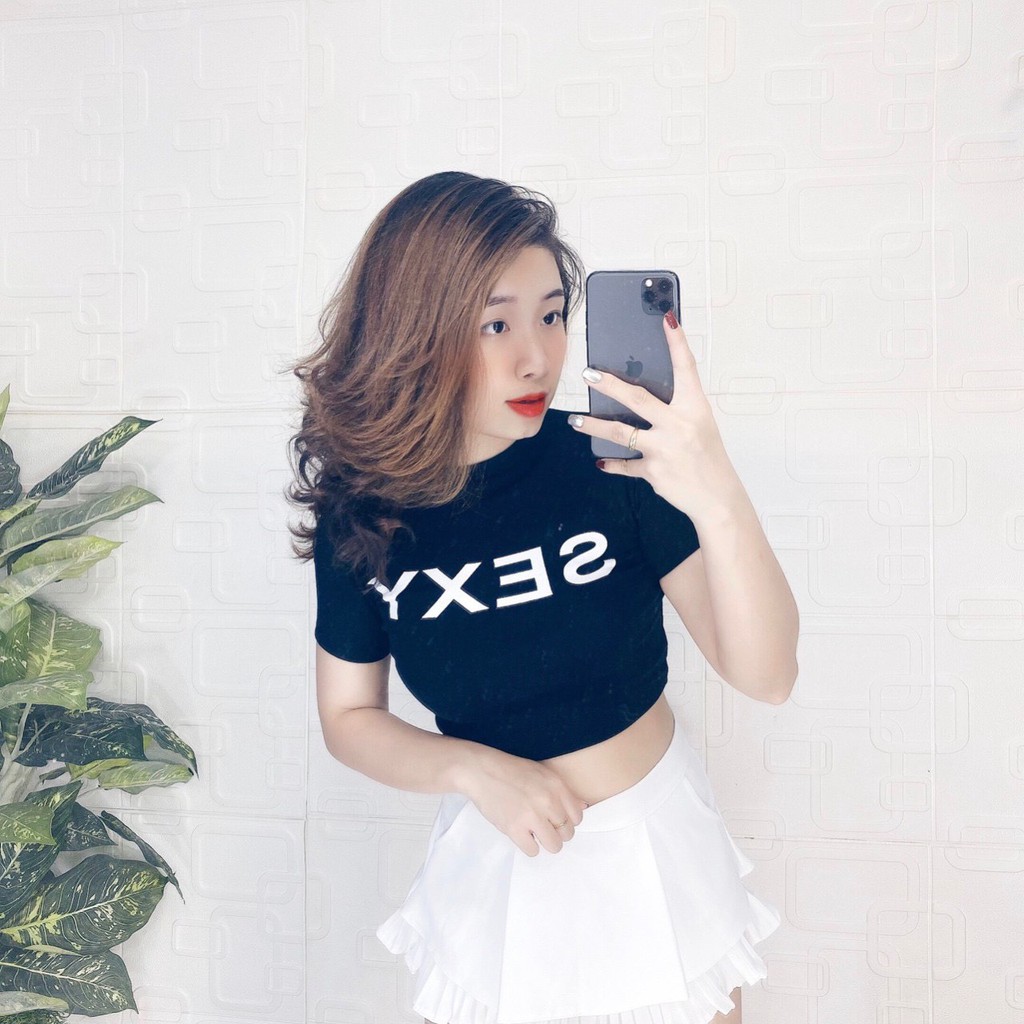Áo croptop cổ tròn ôm body in chữ sexy cực hot