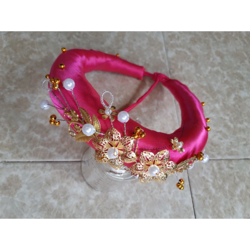 Mấn  đơn đính hoa kim loại mạ vàng, mấn đội đầu thủ công, mấn đội đầu cách tân, mấn áo dài