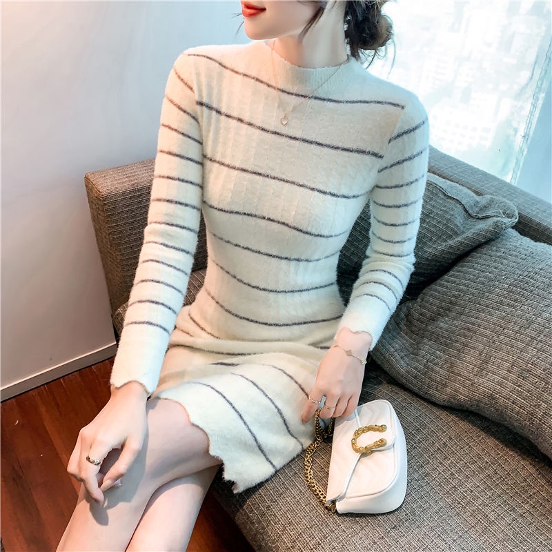 Set áo len dài tay sọc ngang + chân váy ngắn thời trang nữ