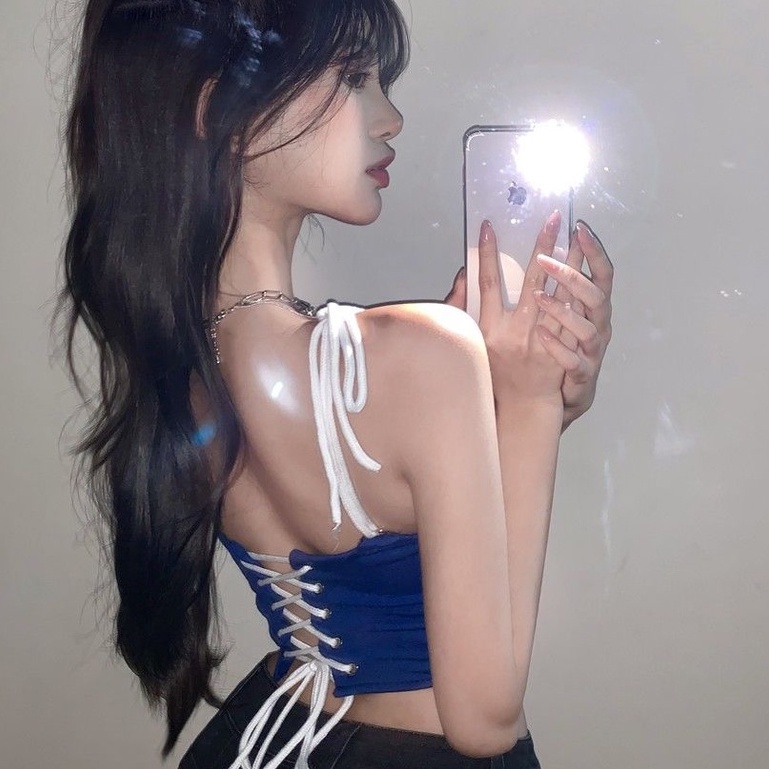 Dây rút màu xanh gợi cảm Top Tank Top Thời trang nữ