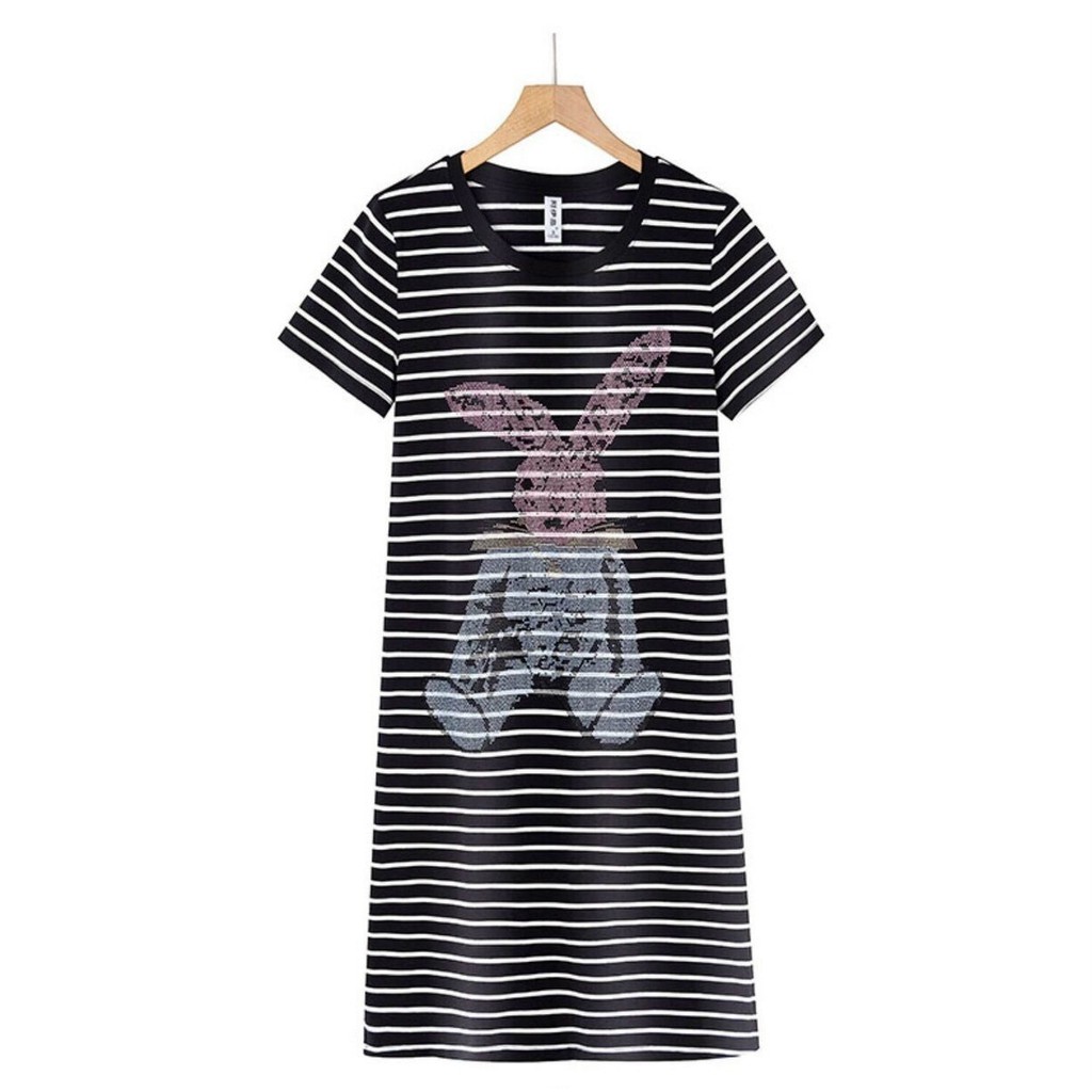 HÀNG QC - ĐẦM SUÔNG THUN SỌC NGANG HOẠ TIẾT THỎ ĐÍNH ĐÁ SIÊU CUTE - MH256