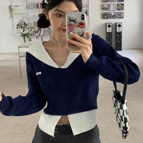 Đầm dệt kim ZHELIHANGFEI giả hai lớp tay dài cổ chữ V lưng cao thời trang trẻ trung