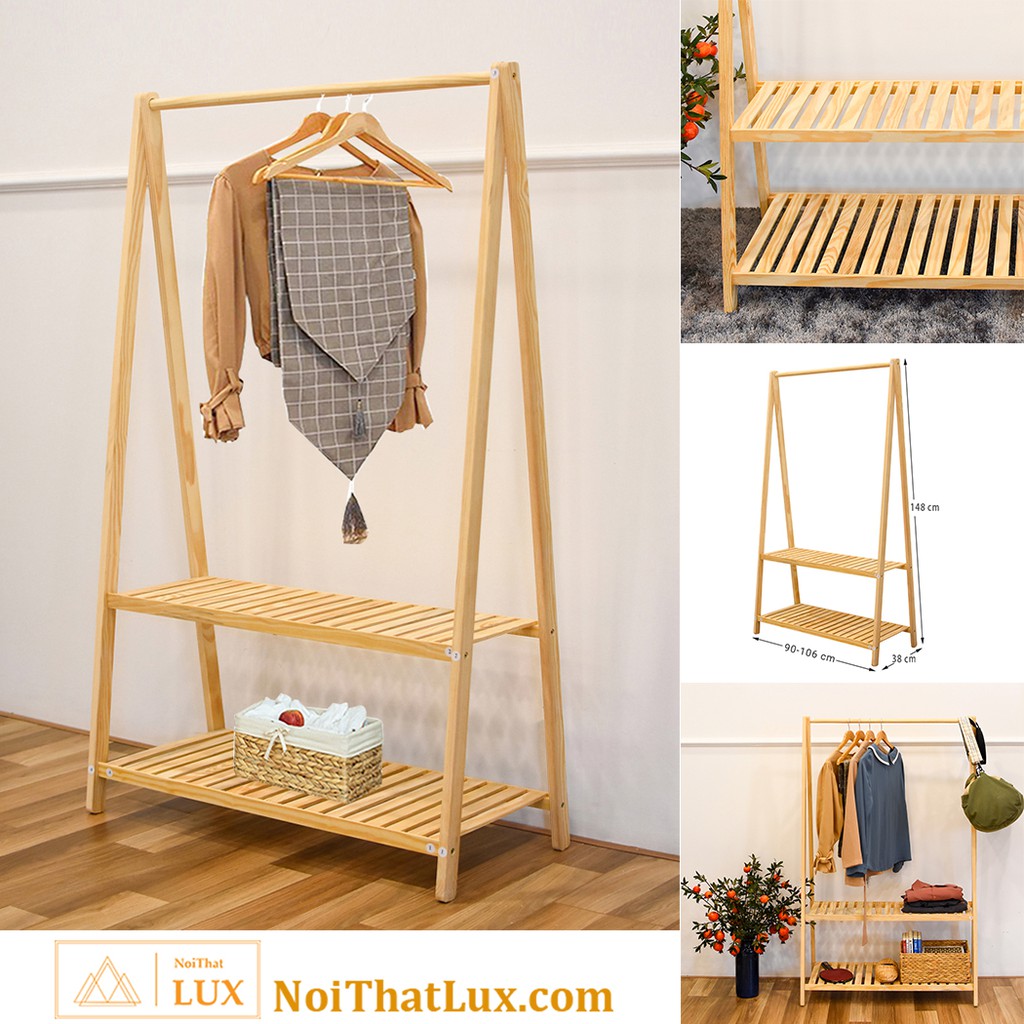 Giá treo quần áo chữ A 2 tầng gỗ thông Noithatlux, kệ treo quần áo chữ A size lớn 106 x 38 x 148 cm