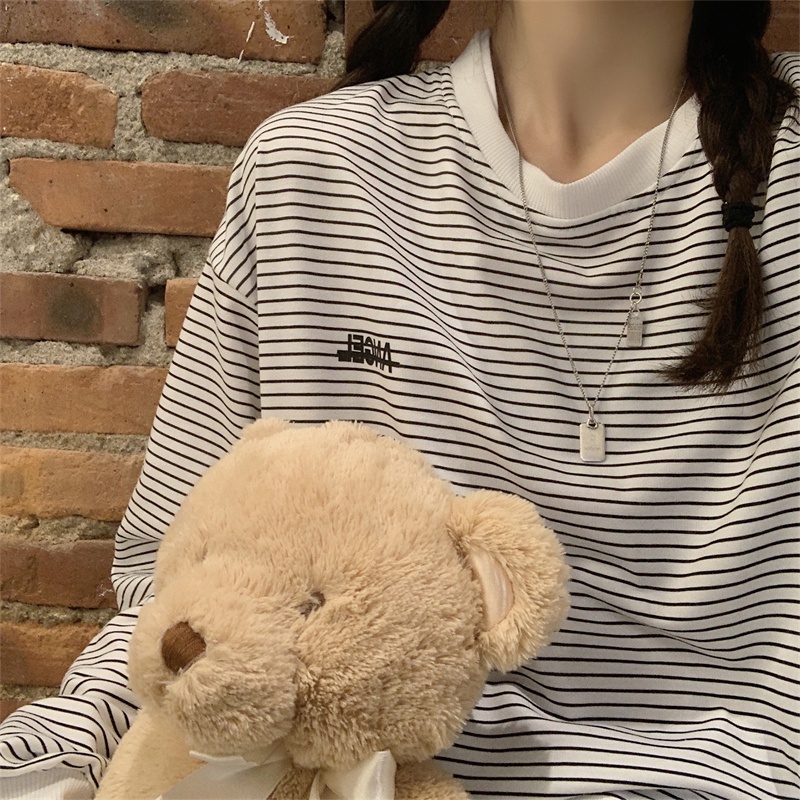 Áo sweatshirt SUXI tay dài họa tiết kẻ sọc phong cách Hàn Quốc thời trang mới