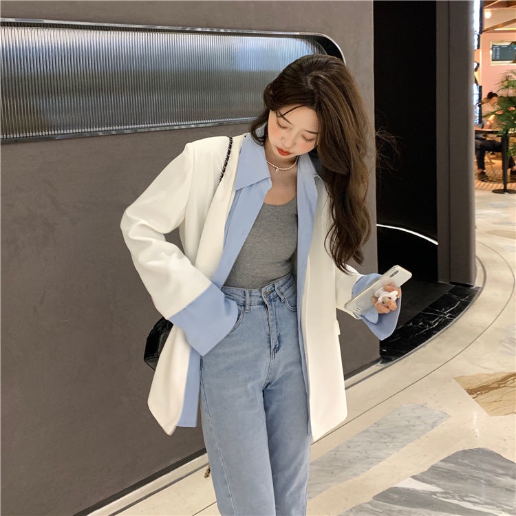 Áo khoác giả hai lớp tay dài dáng rộng thời trang mùa thu phong cách Hàn Quốc cho nữ