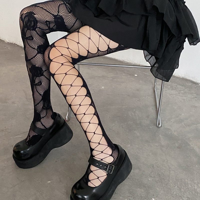 Brroa Quần Tất Lưới Khoét Rỗng Họa Tiết Hoa Hồng Phong Cách Gothic Harajuku Cho Nữ Jacqu