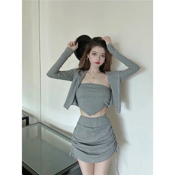 Set 3 món áo vạt nhọn chân váy kèm quần (kèm video thật)