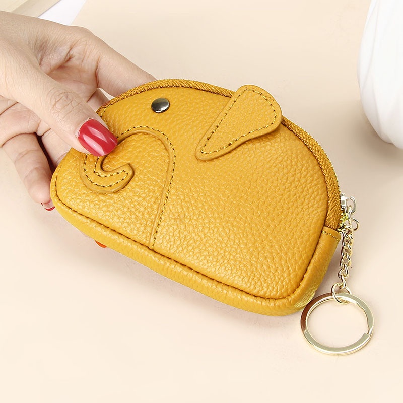Ví Da Bò Thật Đựng Tiền Xu Mini Có Móc Khóa Hình Chú Voi Dễ Thương Cho Nữ