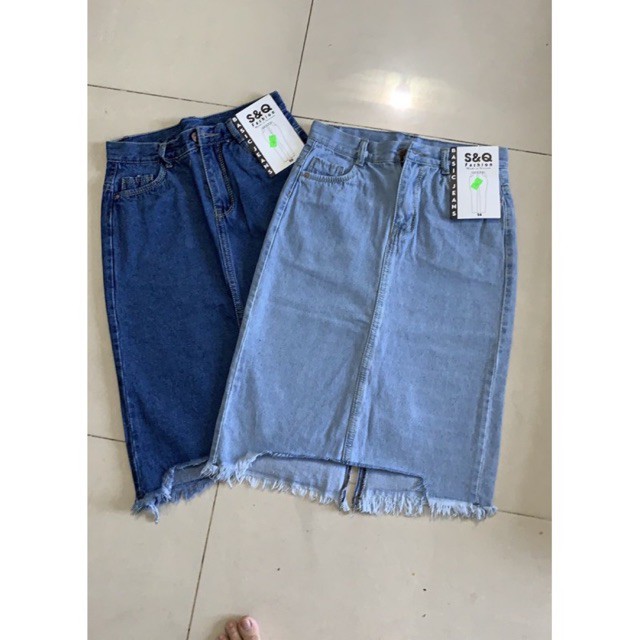 Chân váy jean dài phom chữ A qua đầu gối Lai cắt kiểu 3760 Molijean | BigBuy360 - bigbuy360.vn
