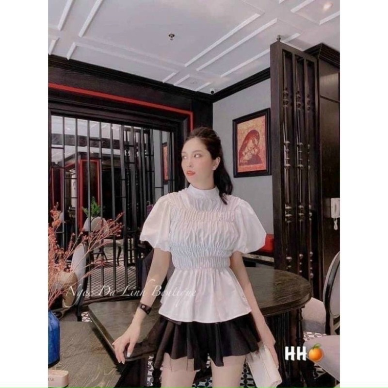 Áo voan tay bồng may nhún cổ cao thu đông