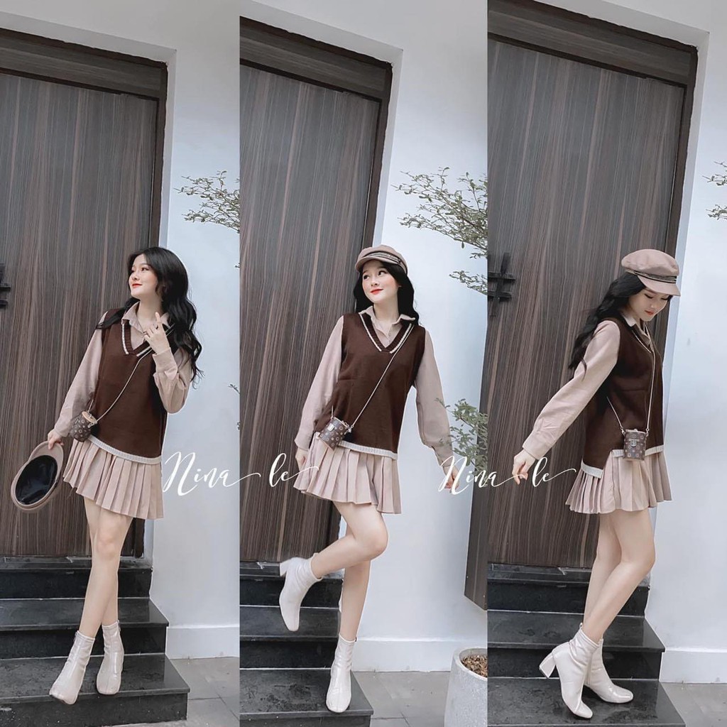 SET ĐẦM SƠMI NUDE PHỐI CHÂN XẾP LI + ÁO GILE NÂU VIỀN | BigBuy360 - bigbuy360.vn