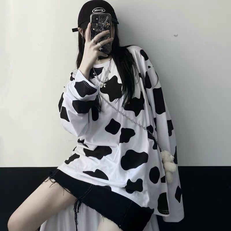 Áo thun tay dài kiểu bò sữa form rộng Unisex, Sweater bò sữa Hot trend 2021