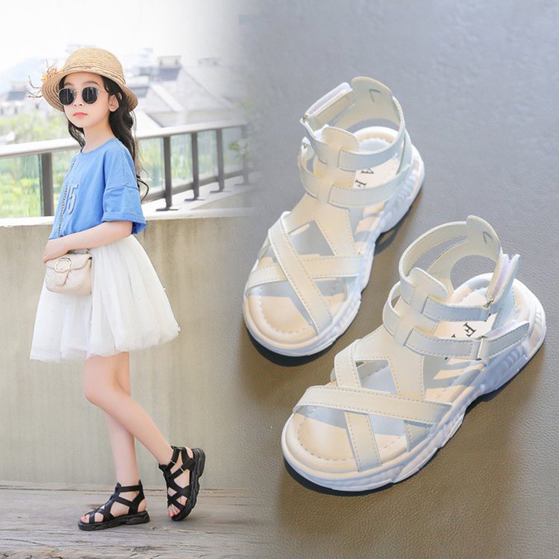 Giày sandal bằng da đế thấp thời trang hè cho bé gái 3-18 tuổi