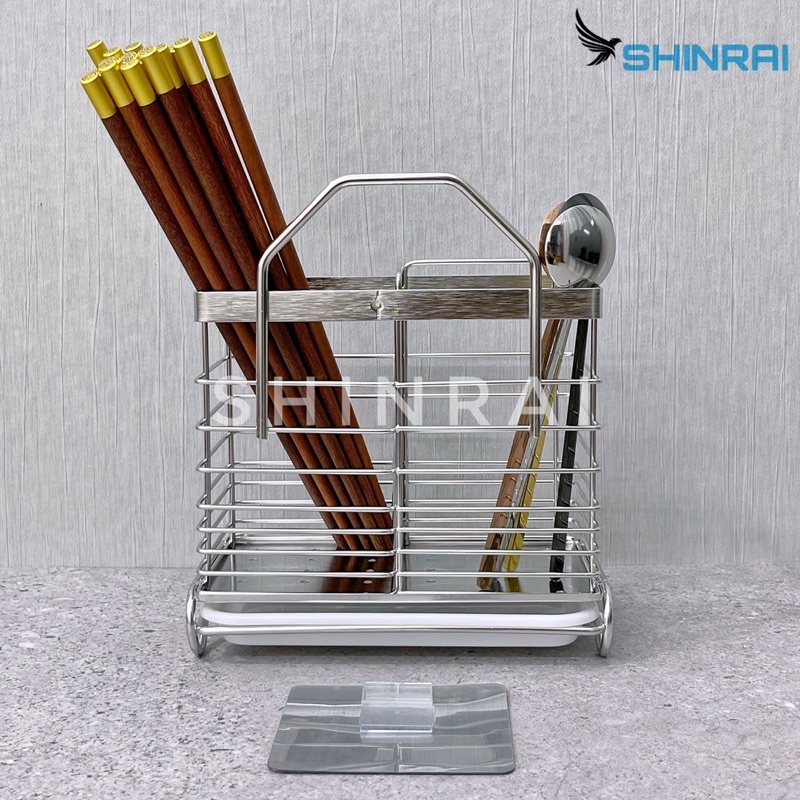 ( Dán Tường ) Giỏ Ống Đựng Đũa , Giá Để Thìa , Muôi , Muỗng Có Móc Treo Đồ INOX SUS304 Xước SHINRAI 2 Ngăn OD2