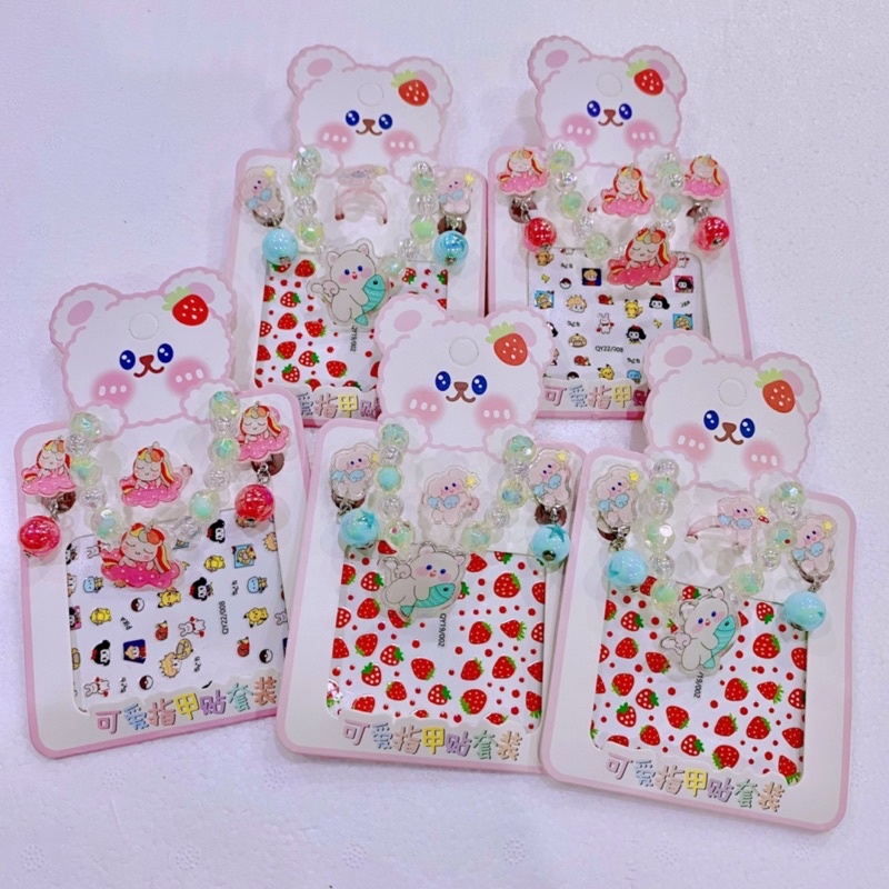 Bộ Trang Sức 5 Món Vòng Tay, Dán Móng Tay, Nhẫn, Kẹp Tai cho Bé Gái Nhiều mẫu