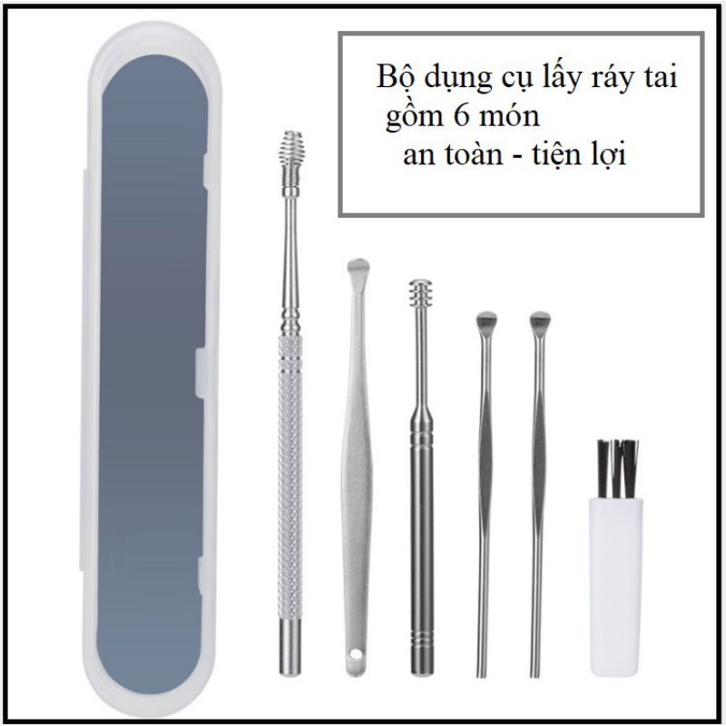 bộ dụng cụ lấy ráy tai 6 món hộp nhựa, dụng cụ lấy ráy tai chuyên dụng bằng inox