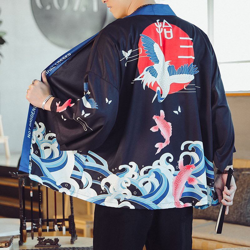 Áo khoác Kimono Haori phong cách Nhật Bản in hoạ tiết chim hạc chất lụa mềm mịn, thoáng mát dễ phối đồ giá rẻ