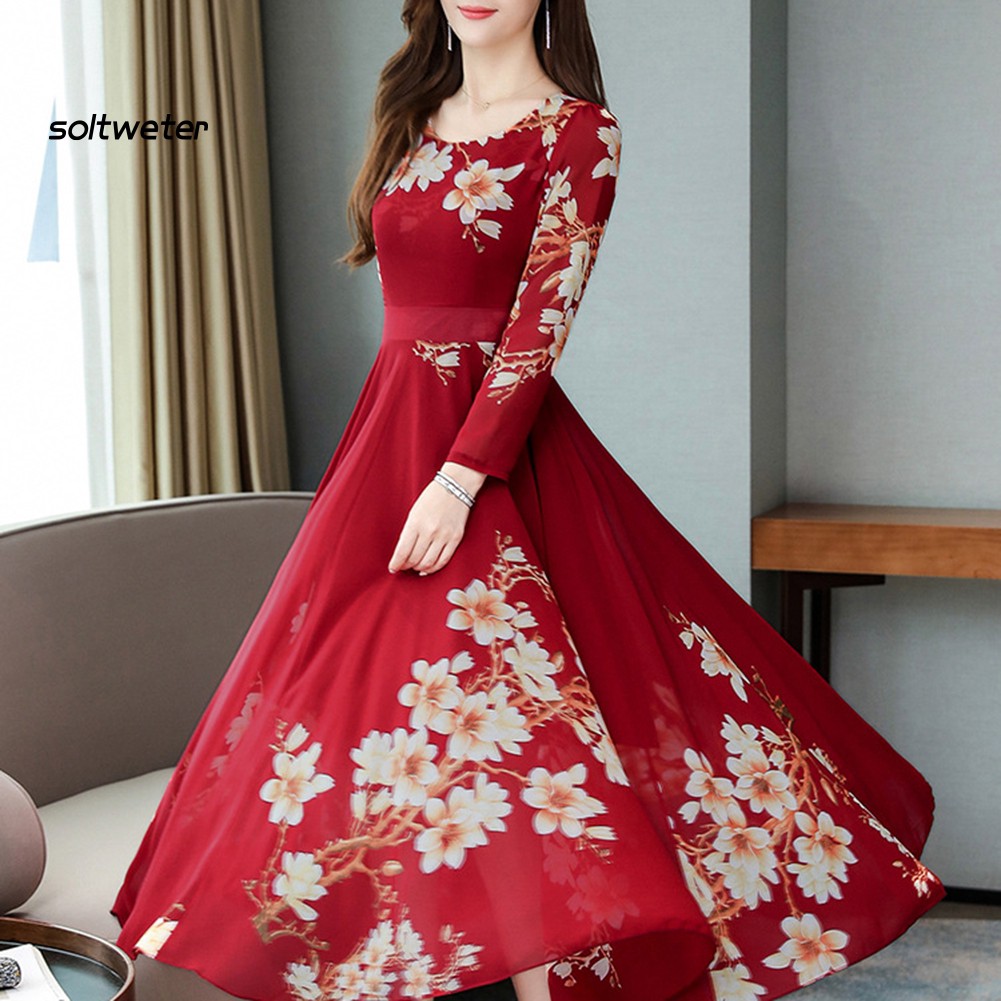 Đầm Maxi Hoa Tay Dài Cổ Tròn Thời Trang Dành Cho Nữ