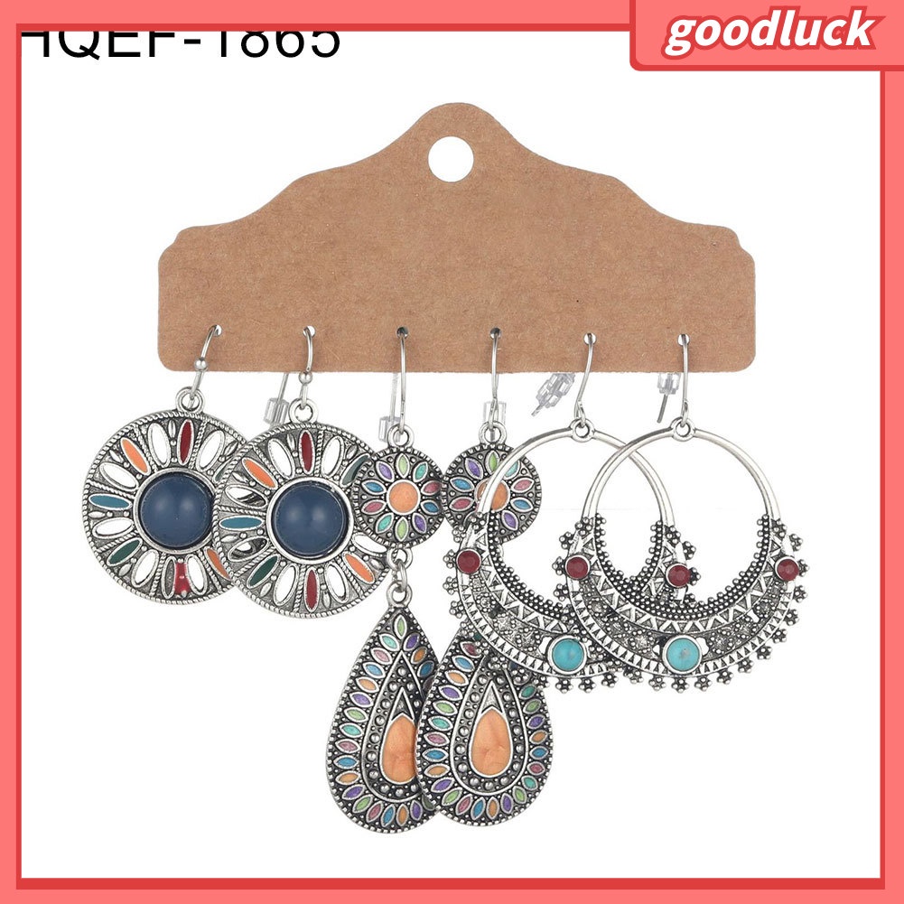 Bộ 3 đôi bông tai dáng tròn hình giọt nước có tua rua dáng treo cho nữ giới