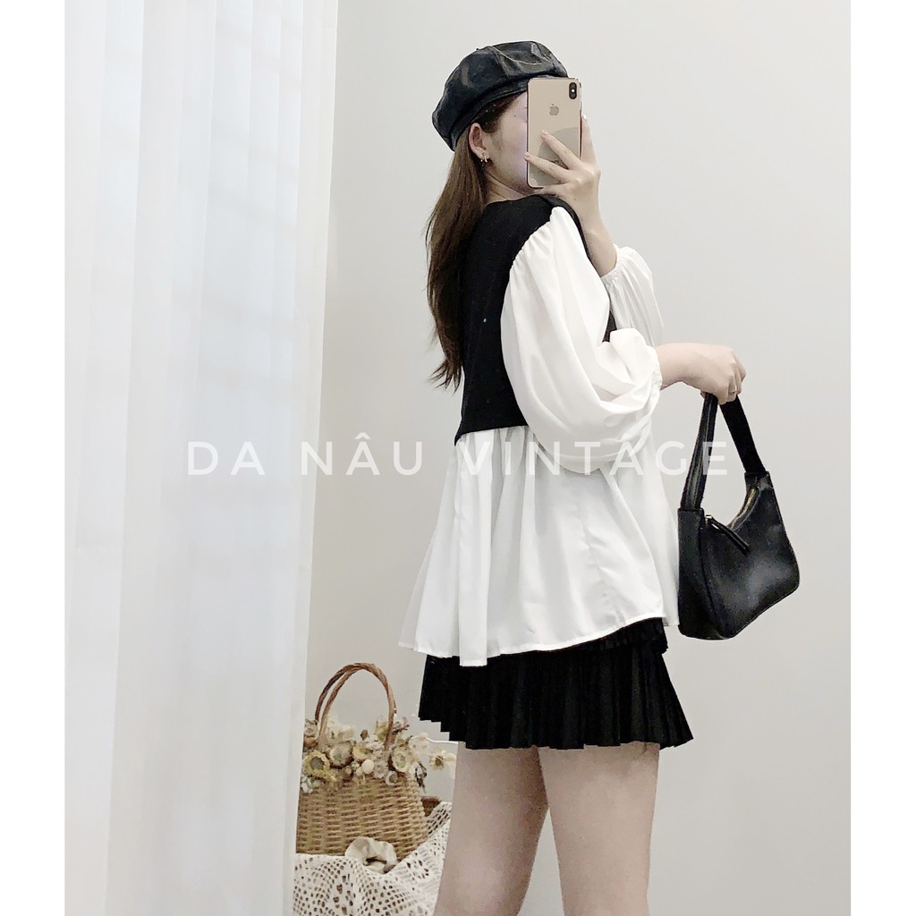 Áo kiểu nữ dáng Babydoll tay phồng tiểu thư phối đen trắng thắt dây eo – Da Nâu Vintage