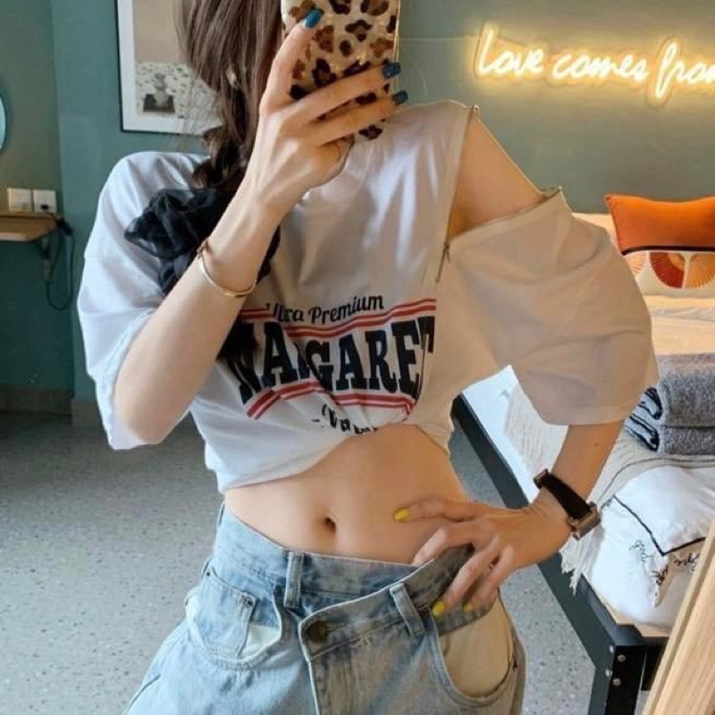 Áo thun nữ kiểu tay ngắn khoét vai cut out phối dây kéo zipper oversize - Order taobao quảng châu