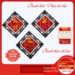 Tranh treo tường phòng khách,  Tranh thêu Phúc lộc thọ đỏ thành phẩm 35x35cm