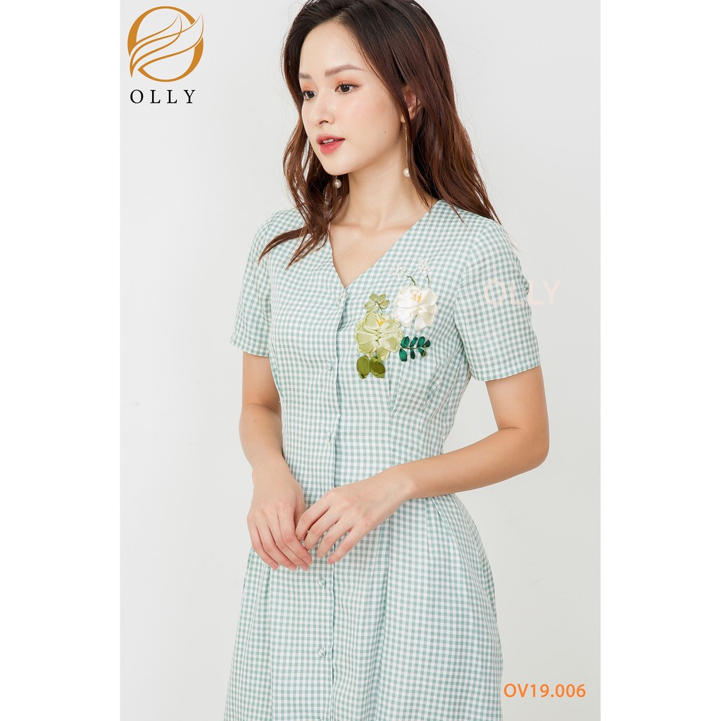 Đầm Caro Thêu Hoa, Dáng Váy Xòe Nữ Tính, Chất Đũi Thoáng Mát Cao Cấp Mã OLLY_OV19.006 | BigBuy360 - bigbuy360.vn