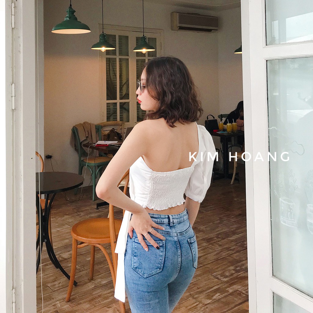 Áo kiểu lệch vai Croptop vạt dài