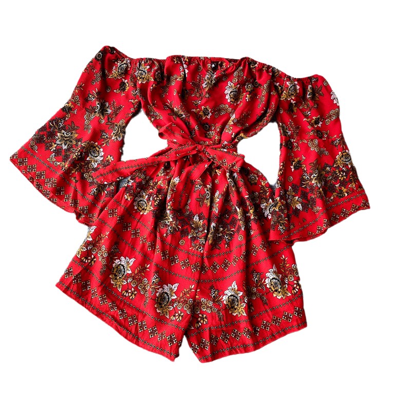 Jumpsuit, đồ bay trễ vai tay rộng họa tiết