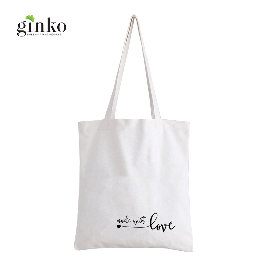 Túi Vải Tote GINKO Kiểu Basic dây kéo In Hình Made With Love G07