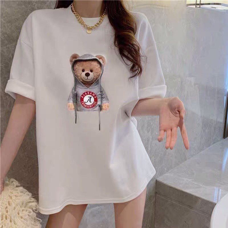 ÁO PHÔNG GẤU ĐỘI MŨ A HÌNH IN 5D TO ĐẸP SIÊU NÉT CHUẨN MẪU .SAO THUN NỮ UNISEX MAX RẺ  CHÁT COTTON TAY LỠ FROM RỘNG