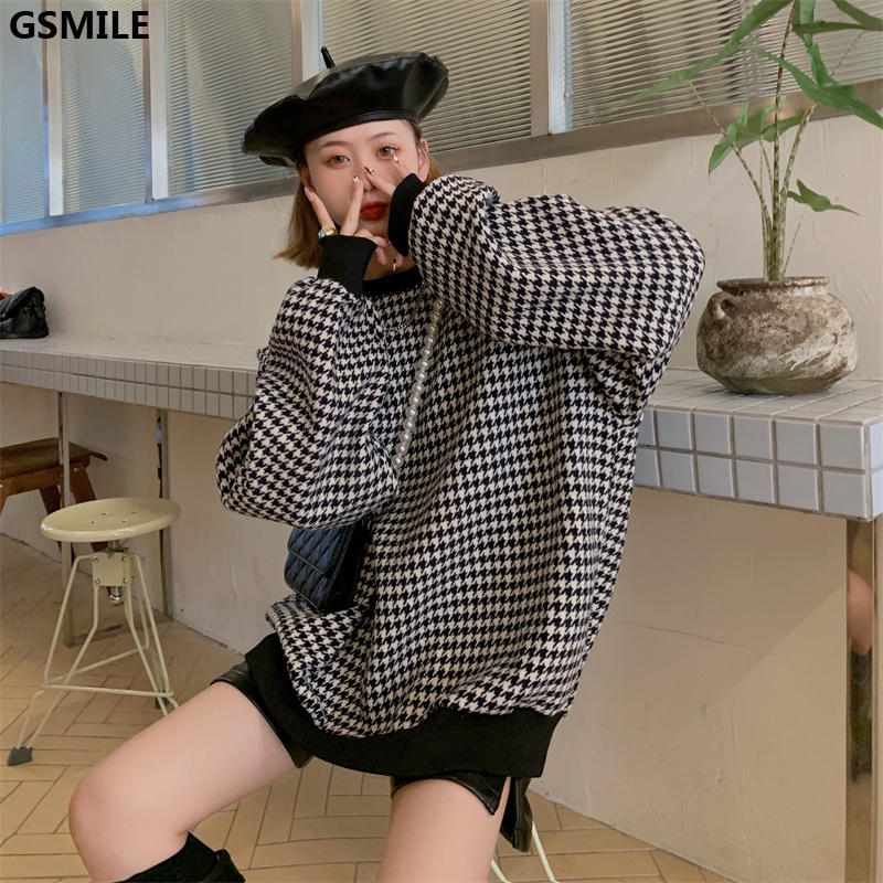 Áo Sweater Cổ Tròn In Họa Tiết Houndstooth Nhung Thu Đông | WebRaoVat - webraovat.net.vn