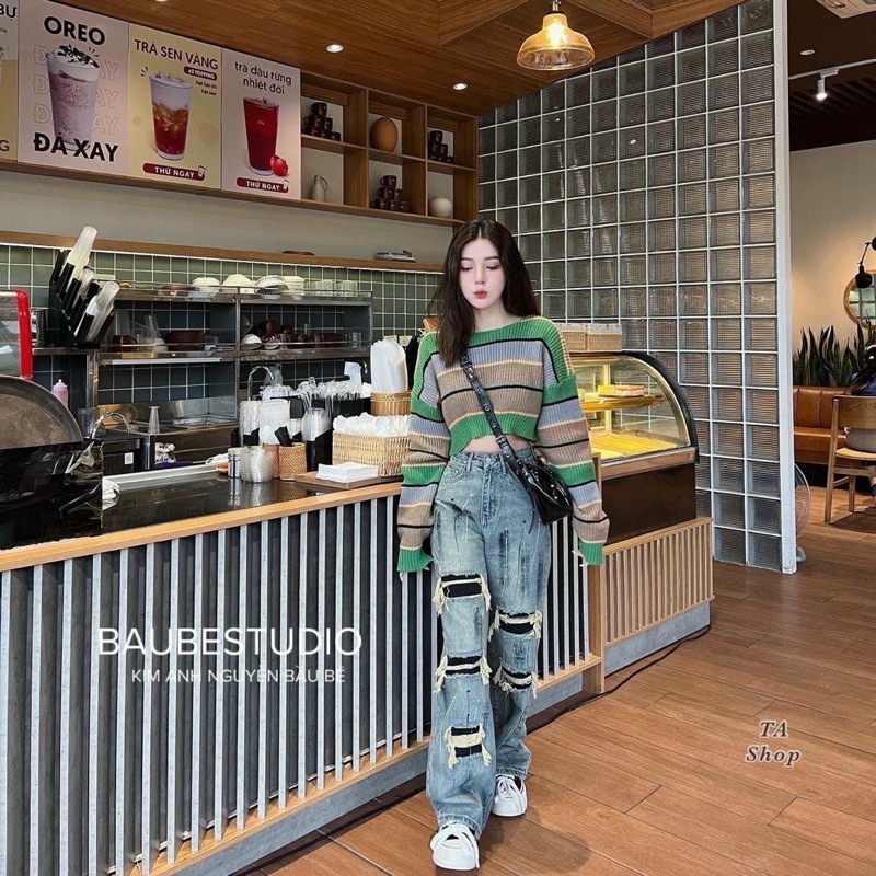 Áo len phối xanh croptop dài tay thu đông dáng rộng