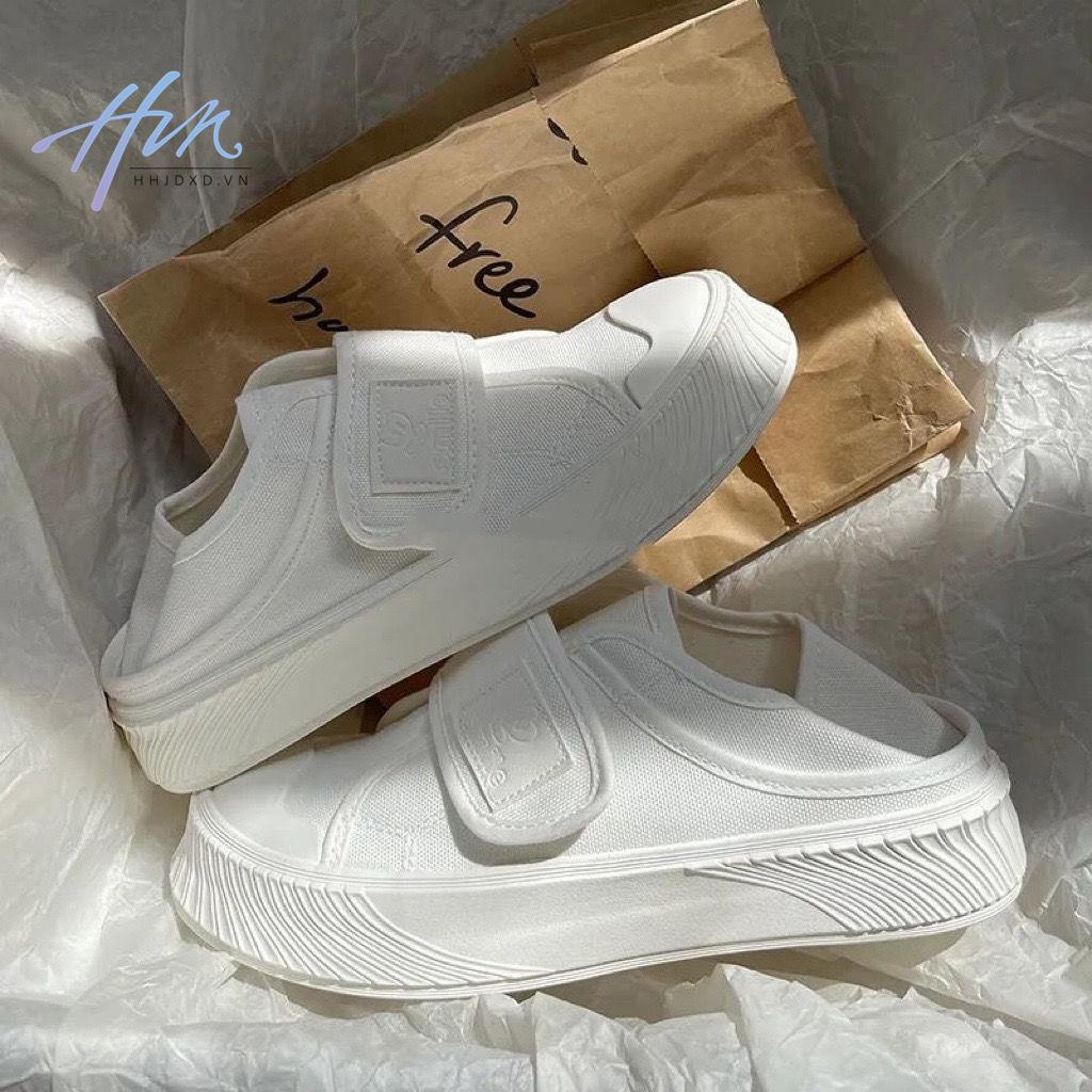 Giày Lười Canvas Hở Hai Cách Mang Quai Dán Màu Trắng Phong Cách Mới Mùa Hè 2022 Cho Nữ