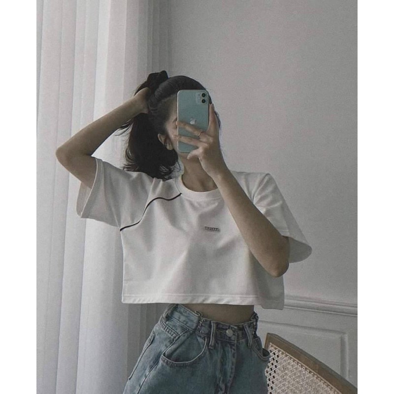 [Rẻ vô địch] Áo cotton tay lỡ Croptop thêu số phối viền mí