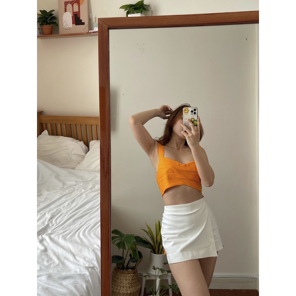 ELE Studios - Áo Croptop thiết kế cao cấp xếp li thắt nơ sexy cá tính Poshtop cam tươi vải linen đi chơi, đi biển
