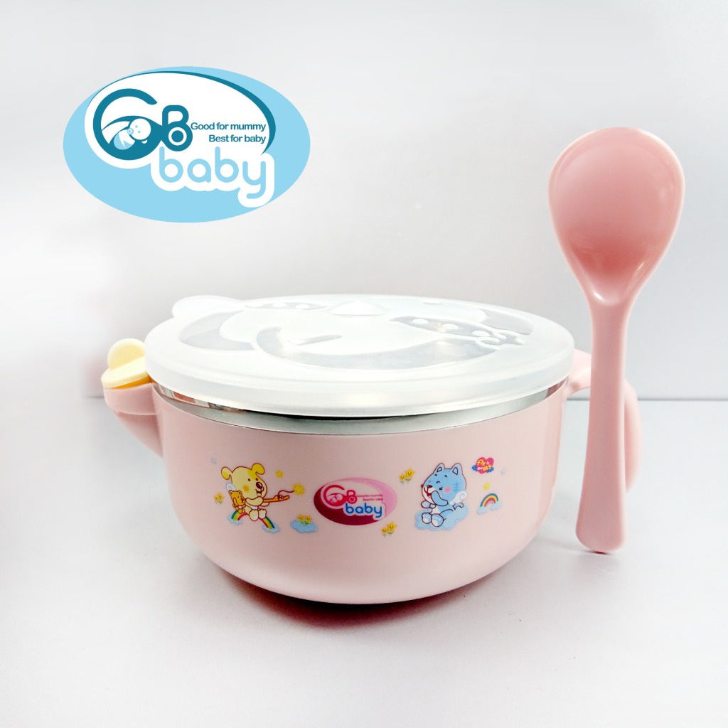 Bát ăn dặm Inox GB-Baby 7739 tặng kèm thìa cùng màu tích hợp chức năng hâm thức ăn ở đáy bát cho bé chính hãng