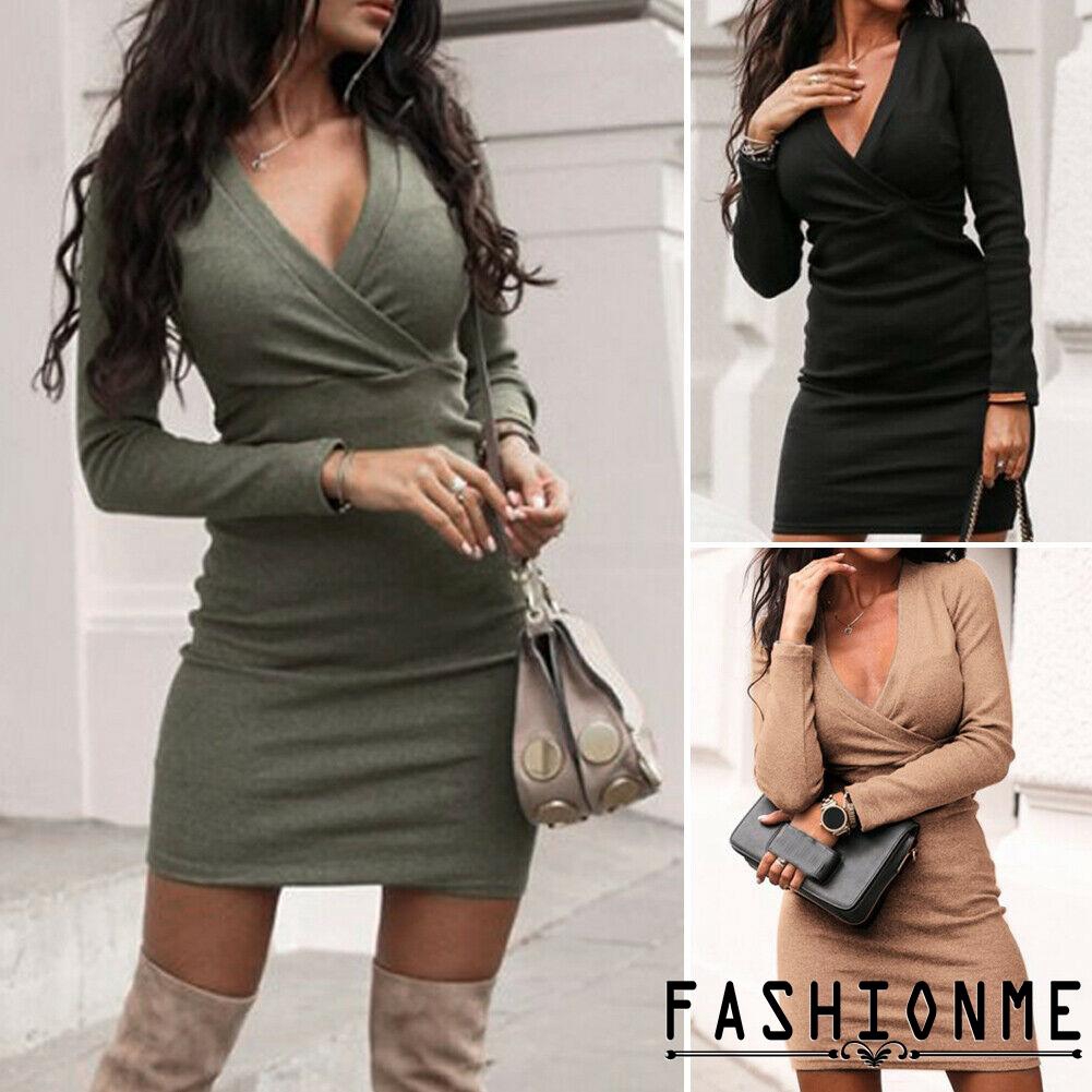 Đầm body dáng ôm tay dài xẻ cổ chữ V cá tính cho phái nữ