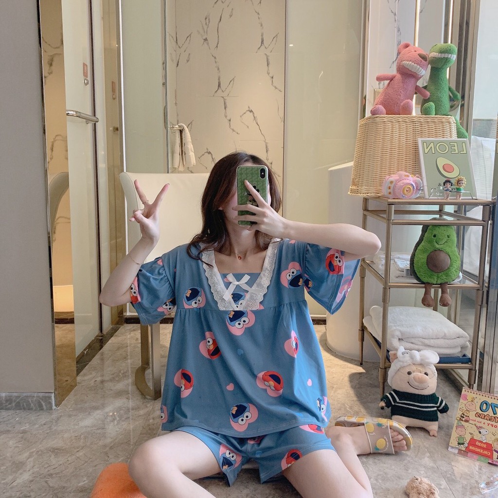Bộ piyama mặc nhà, Bộ ngủ mùa hè chất mát, Bộ hoạt hình xanh