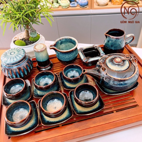 Bộ ấm trà đạo Giang Tây 3 Chân Men Hỏa Biến gốm sứ Bát Tràng, bộ ấm chén uống trà TTG12