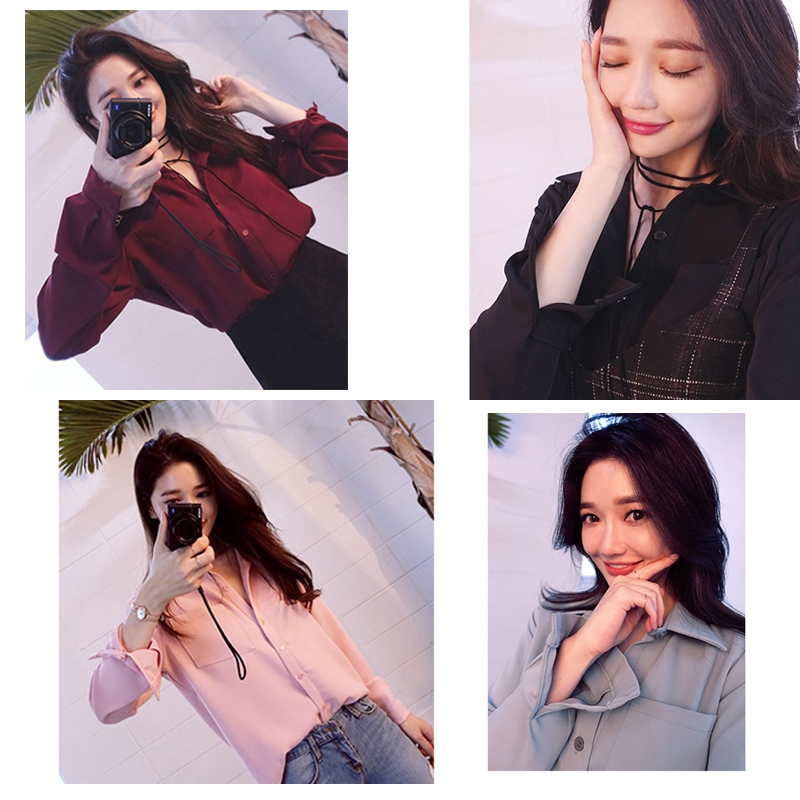 Thời Trang Nữ Áo,Phiên bản Hàn Quốc của áo sơ mi voan dài tay màu rắn,Polyester,Kích Thước S-2XL【lyfs】