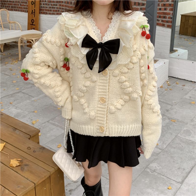 Áo Khoác Cardigan Len Đan Hình Quả Cherry 🍒 Siêu Dễ Thương Phong Cách Hàn Quốc