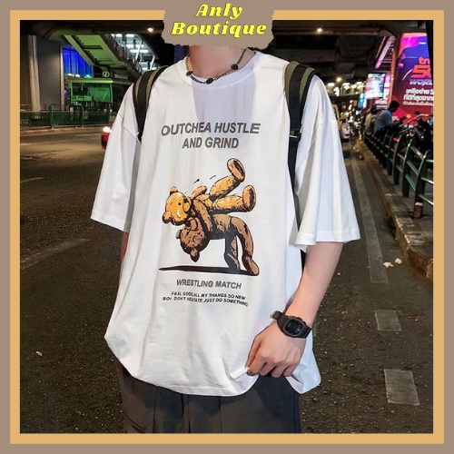 Áo thun tay lỡ unisex phom rộng Anly Boutique Gấu wrestler basic tee mùa hè phông trơn nam nữ oversize J163