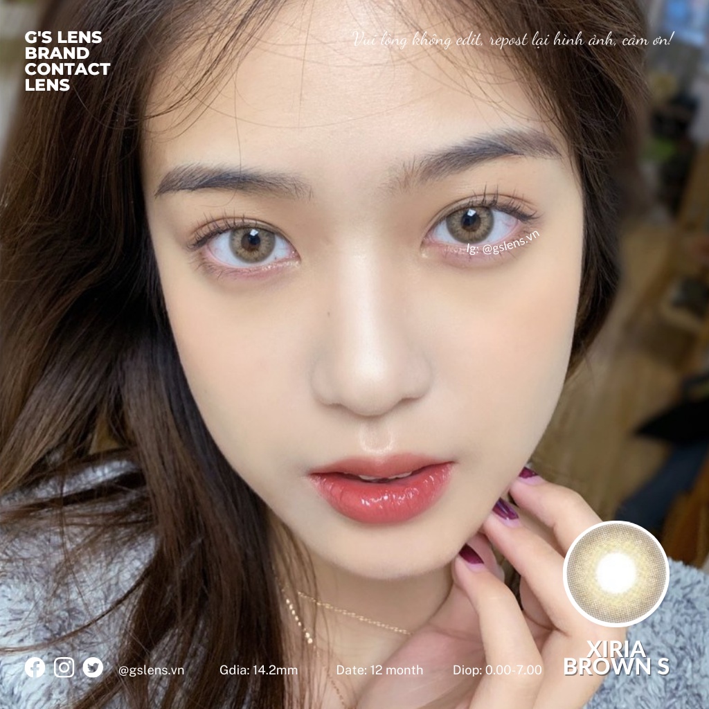 Lens Mắt Kính Áp Tròng Nâu Vân Tự Nhiên Xiria  Giãn Ít Có Từ 0 Đến 7 Độ Lệch Độ Size S 14.2mm