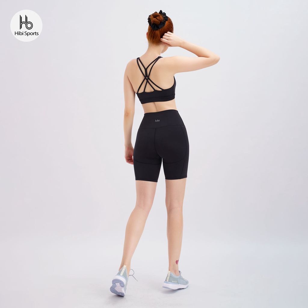 Set đồ tập yoga gym Luxury Hibi Sports H143, quần đùi lưng cao, màu Đen kèm mút ngực, vải cao cấp Lu Fabric