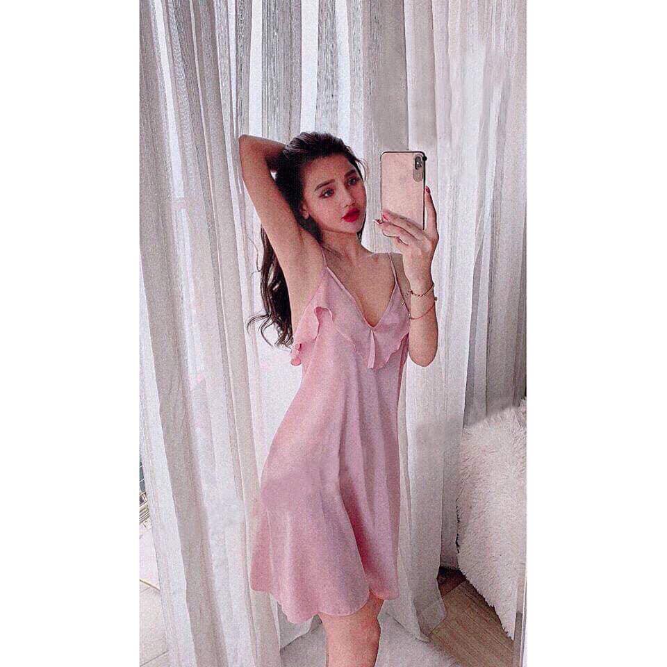 [Dưới 58kg] -LL165 Váy ngủ sexy đắp bèo phi lụa cao cấp - đầm ngủ sexy satin lụa Cô chủ nhỏ chuyên sỉ